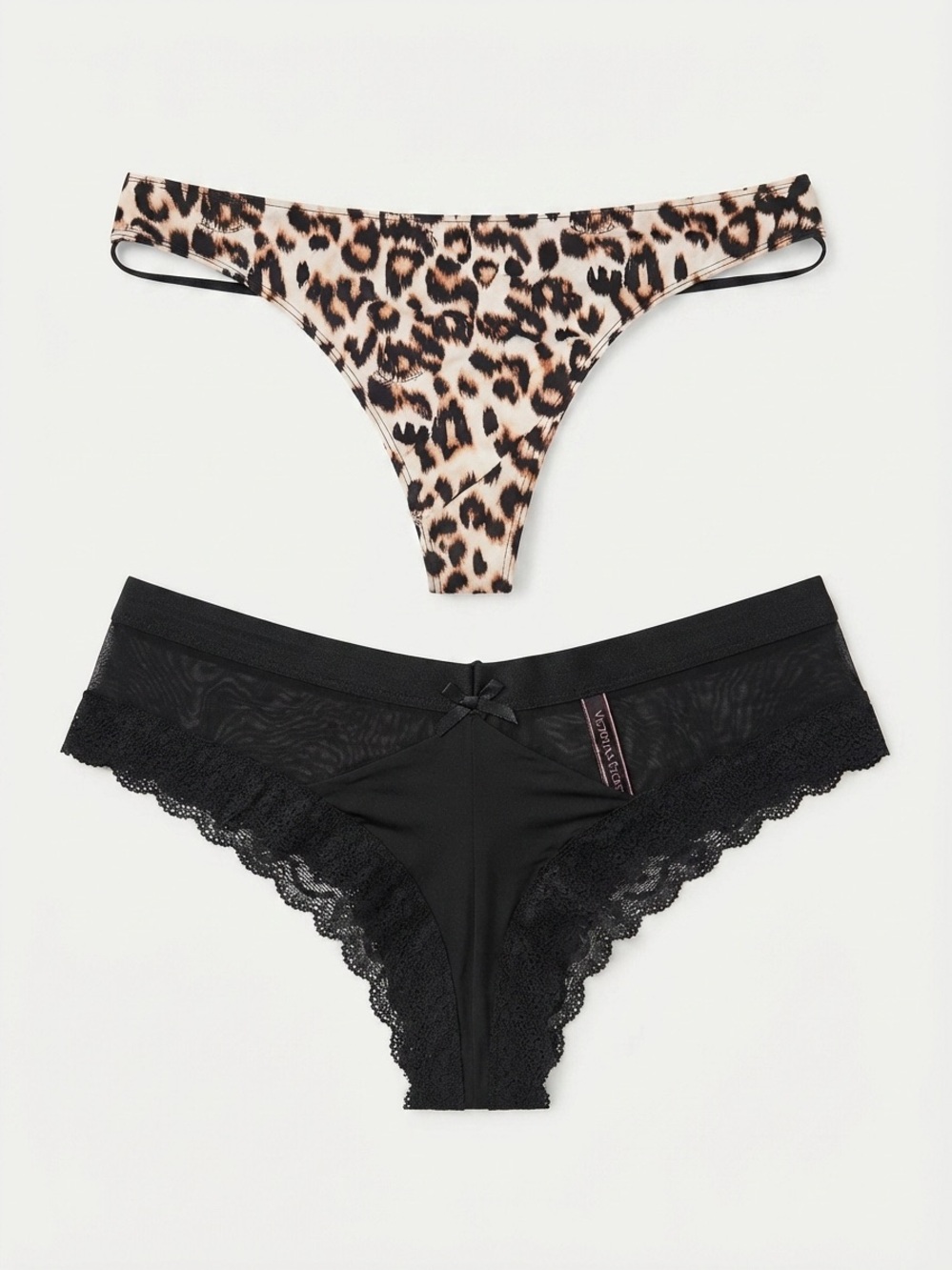 NWOT Victoria's Secret Lot x 2 Leopard & Black Lace Thong Set Size L